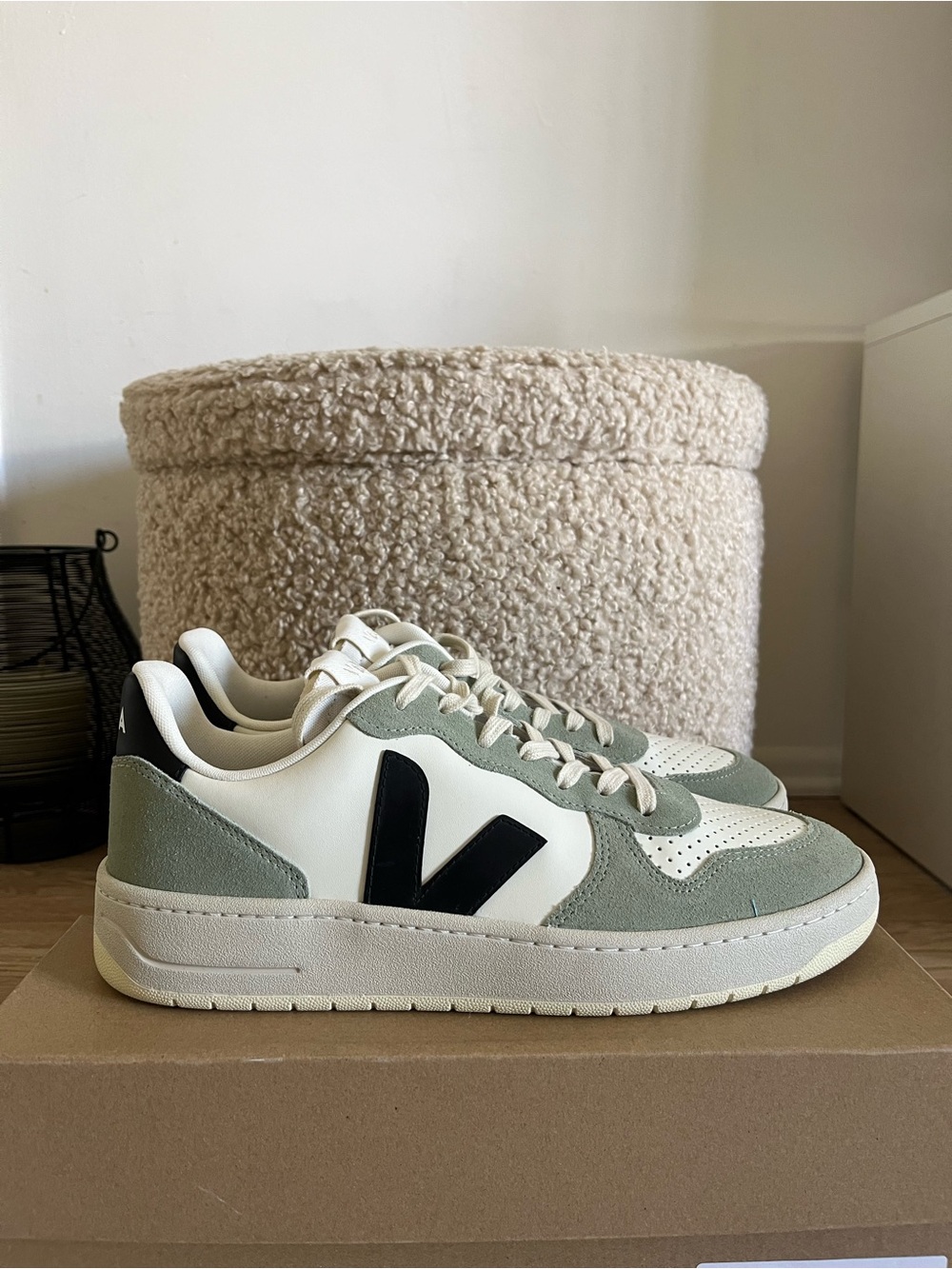 Veja Low-Top Sneakers in White, Sage Green and Black